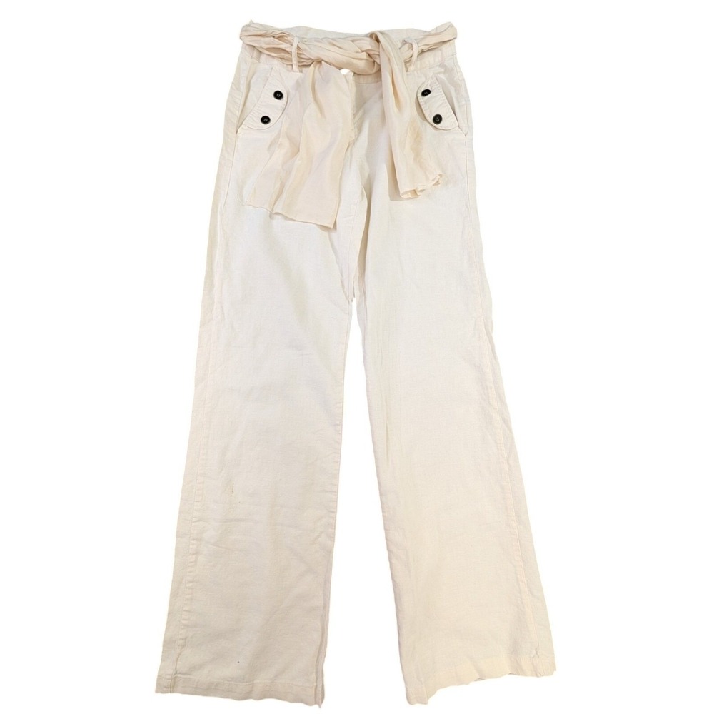 Venus Linen Blend Wide Leg Pants Womens S Beige Belt Coastal Beach Resort Casual